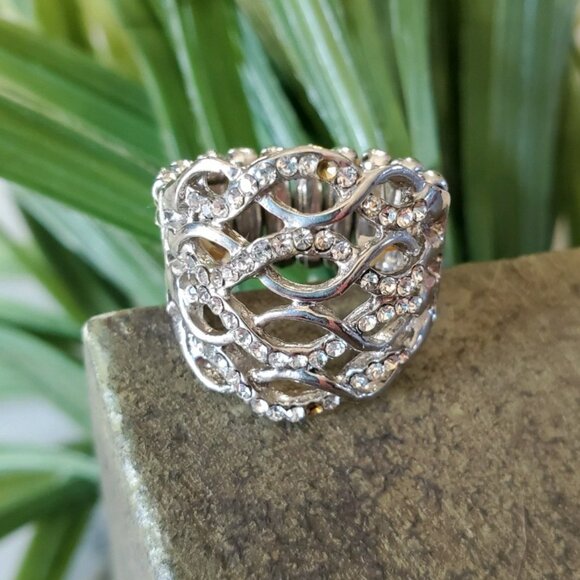 Silver Tone Adjustable Band Ring with Rhinestones 💥3 for $24💥 - Picture 1 of 14